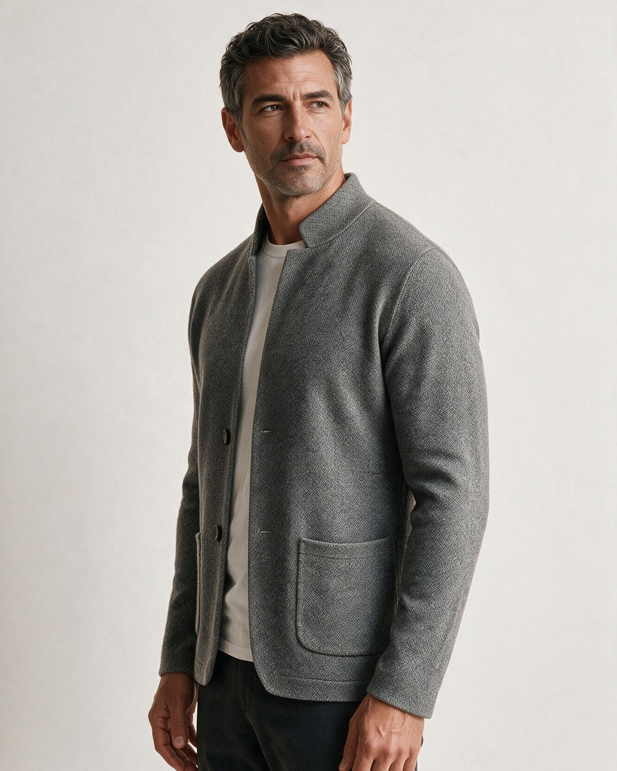 Ashby men's knit blazer in Gray, three-quarter view
