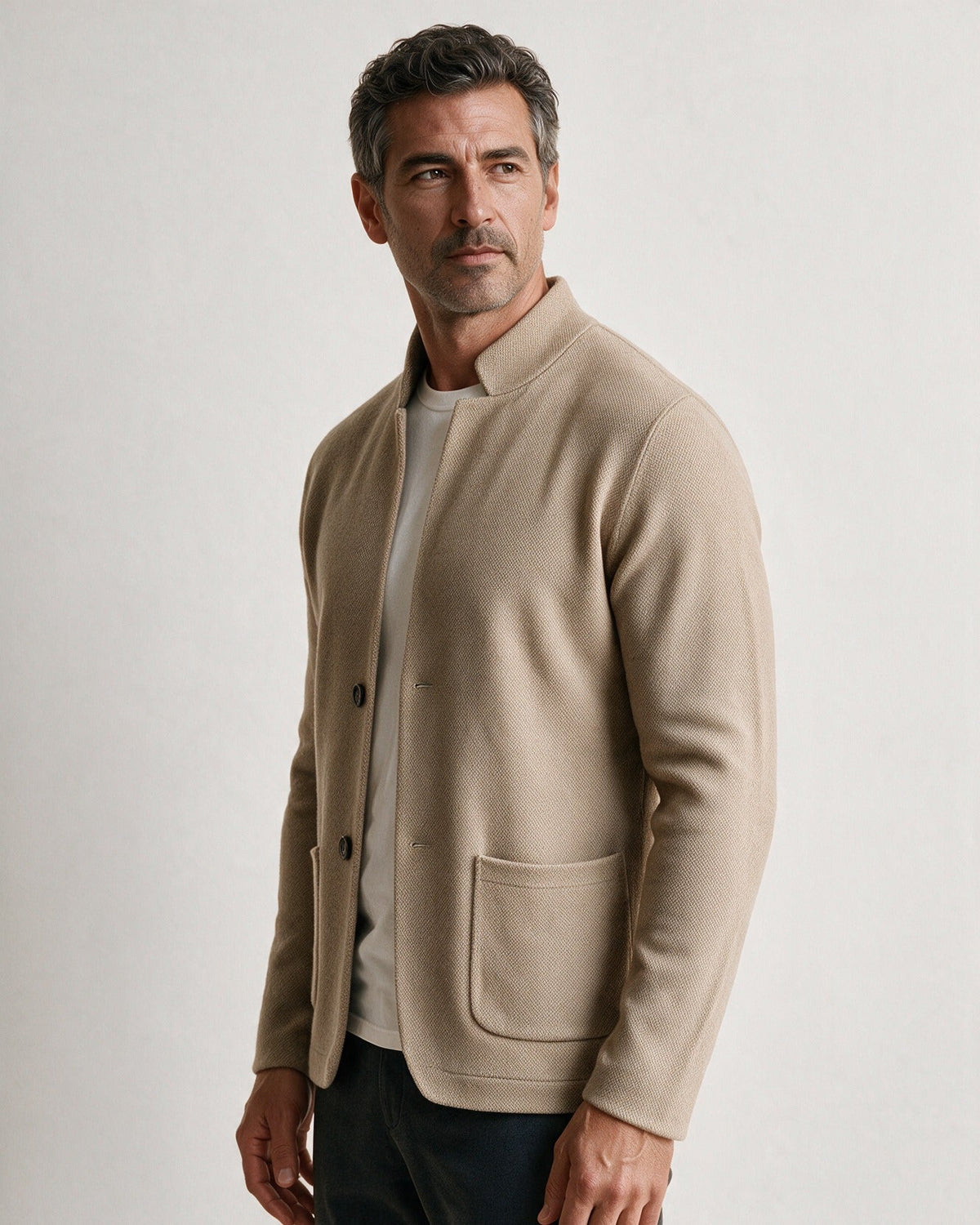 Ashby men's knit blazer in Beige, three-quarter view