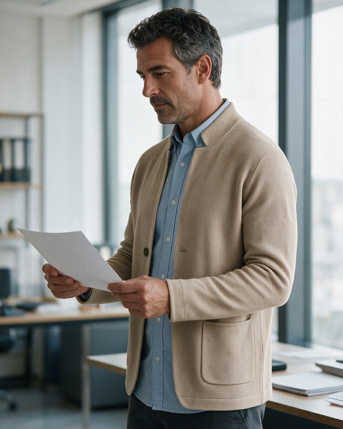 Ashby men's knit blazer in Beige, worn at the office