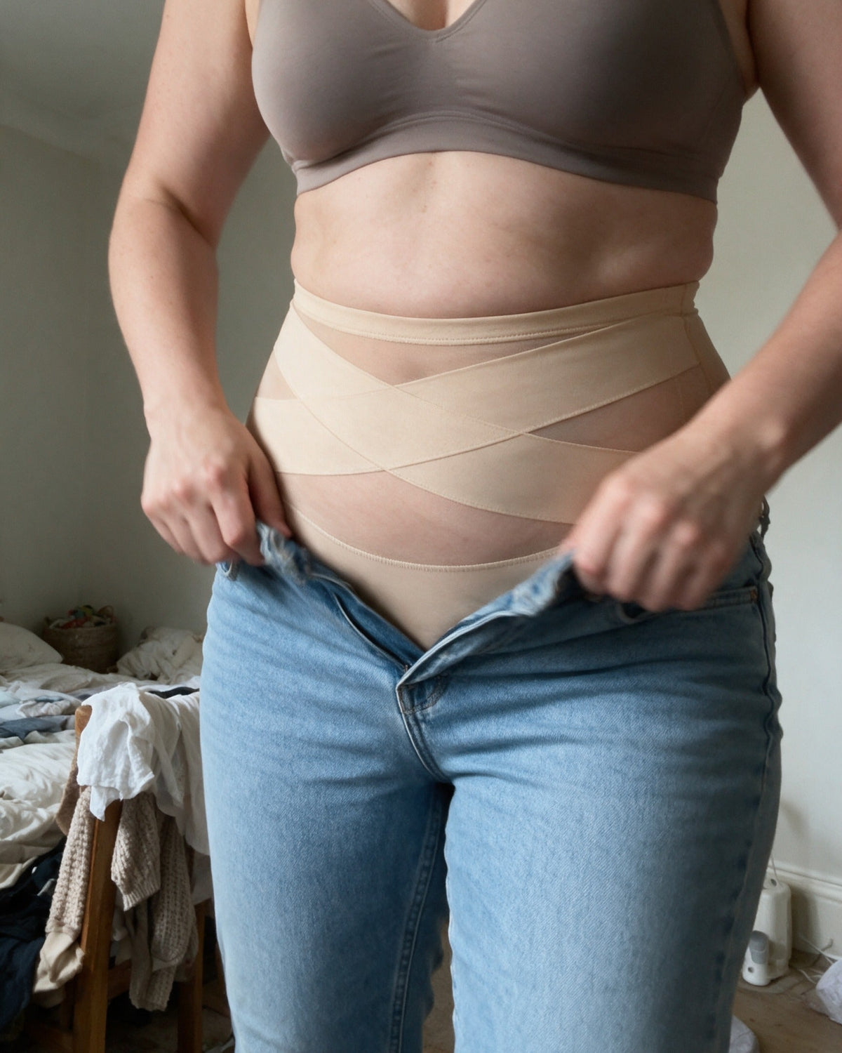 Haven Postpartum Support Brief in Nude, getting dressed in the morning