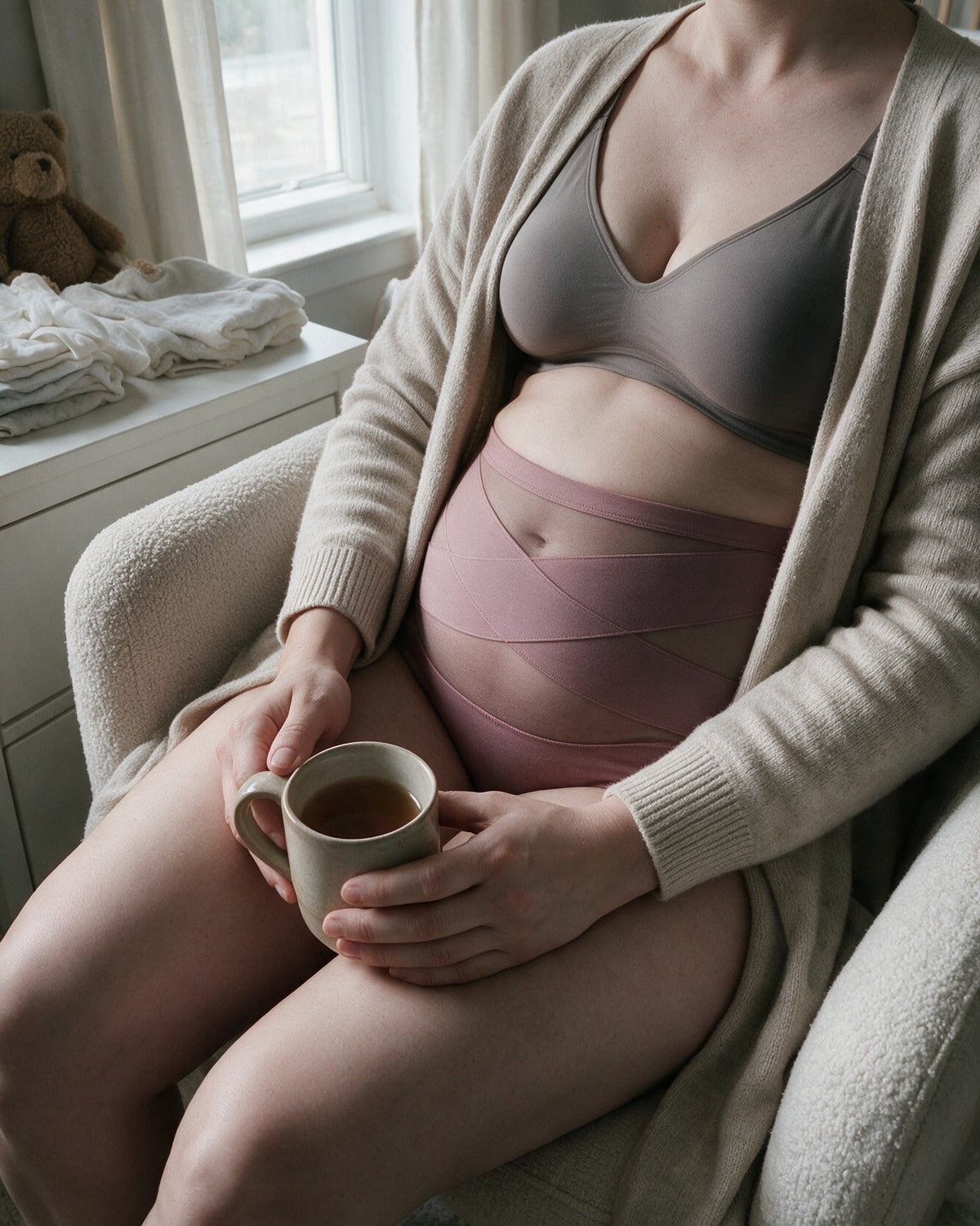 Haven Postpartum Support Brief in Dusty Rose, everyday moment at home