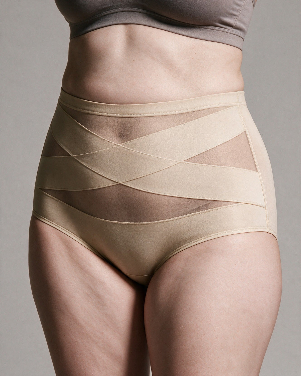 Haven Postpartum Support Brief in Nude, crossed X bands close-up