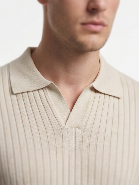 Hendrick | Ribbed Knit Polo with Spread Collar - Beige