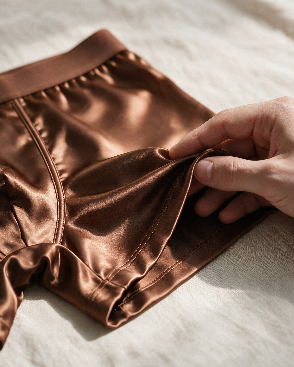 Mayfair men's silk-blend boxer in Bronze, close-up of the silk-blend satin, lifted at the leg hem
