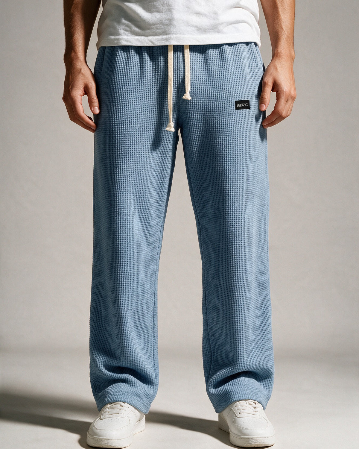 Softloom waffle pants in Light Blue, front view