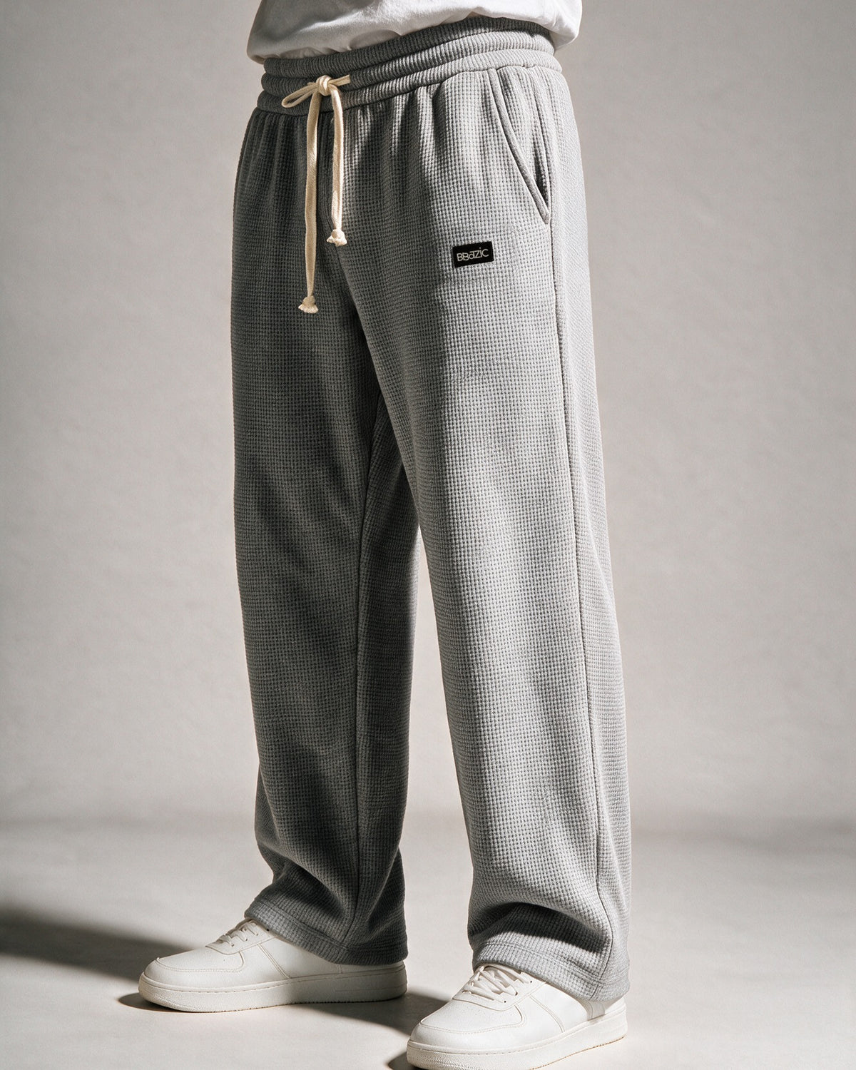 Softloom waffle pants in Light Gray, three-quarter view