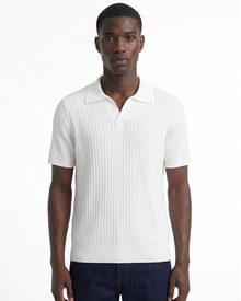 Hendrick | Ribbed Knit Polo with Spread Collar - White