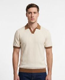 Benton - Ribbed Short Sleeve Polo Shirt | Cream/Brown