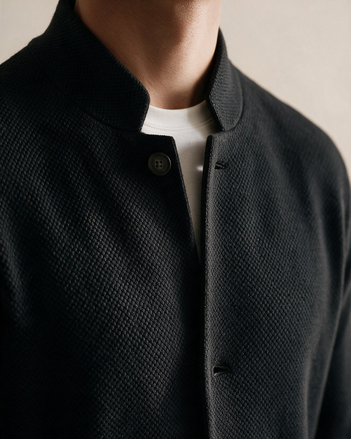 Ashby men's knit blazer in Black, mandarin collar and knit close-up
