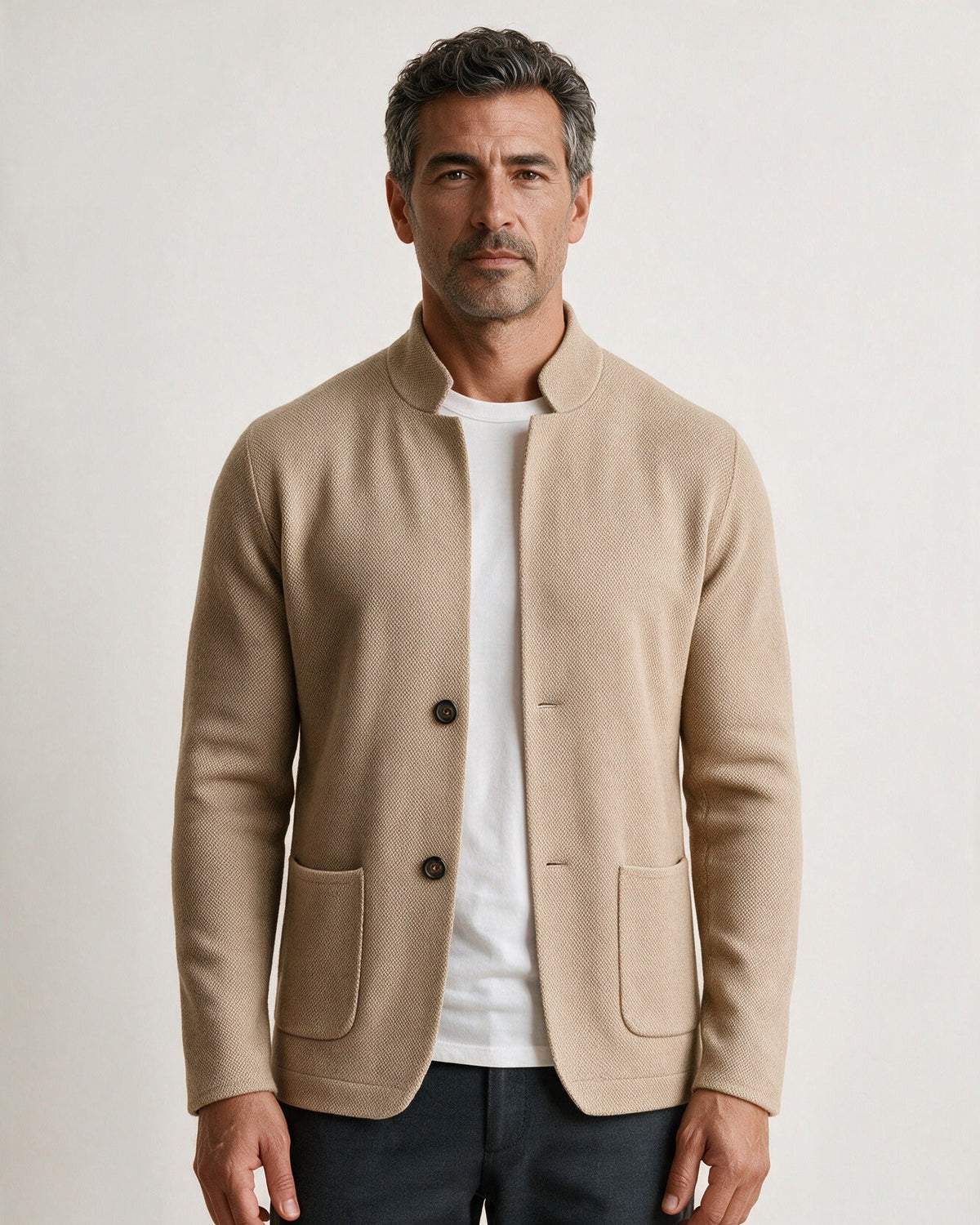 Ashby men's knit blazer in Beige, front view