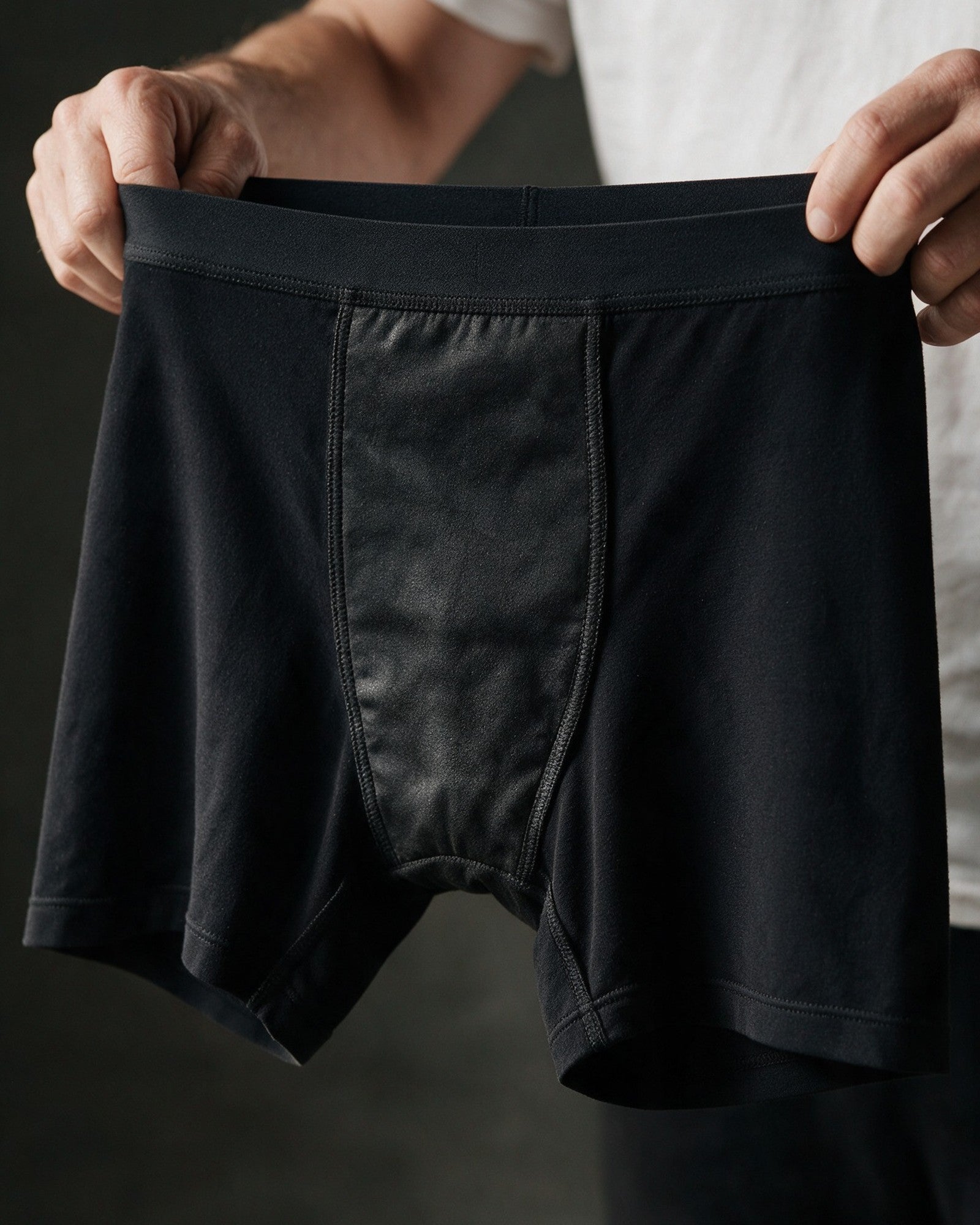 Dalton men's leak-proof boxer brief in Black, inside view of the absorbent panel