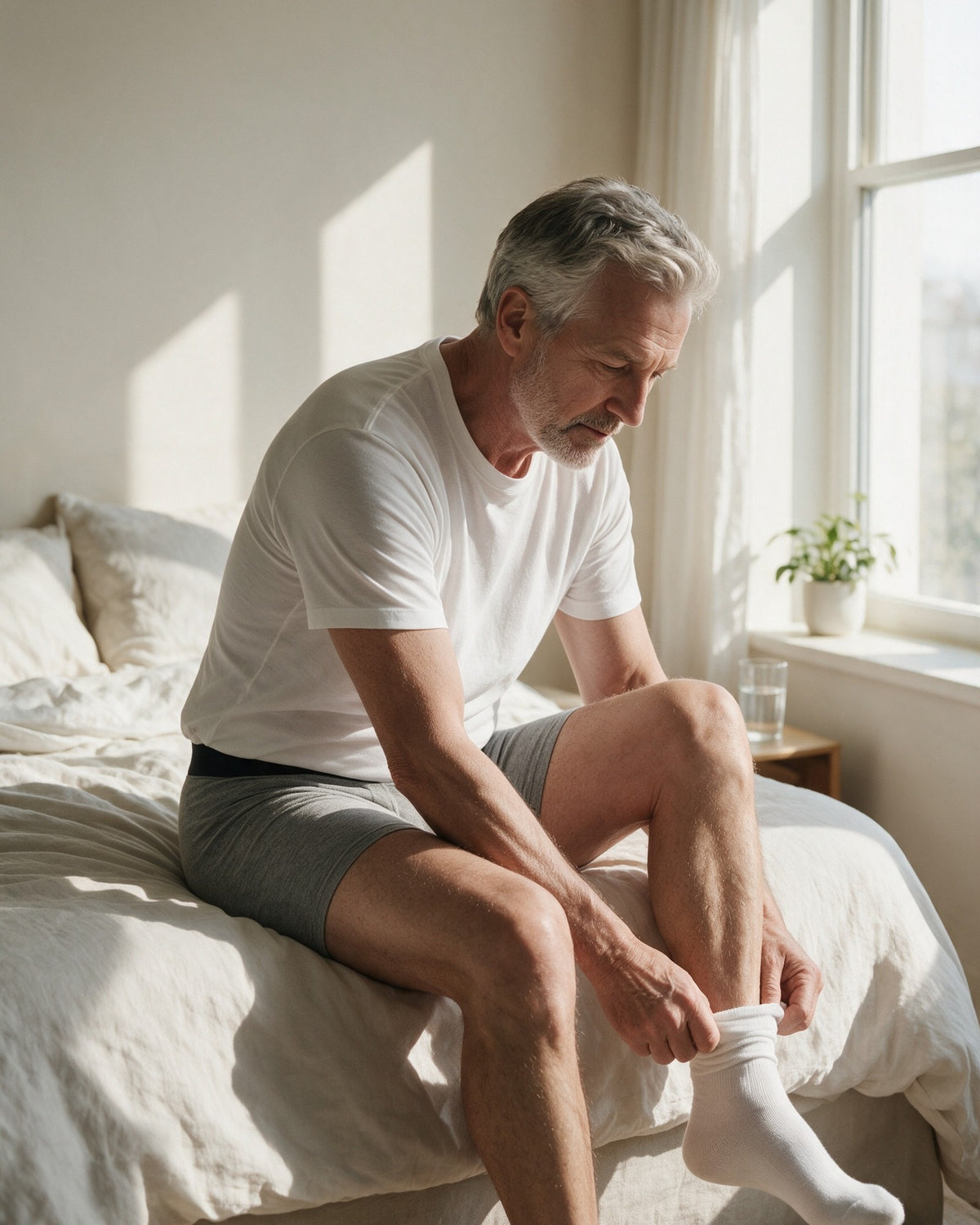 Dalton men's leak-proof boxer brief in Grey, sitting on the bed in the morning