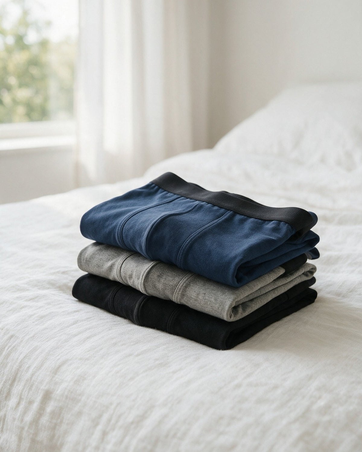 Dalton men's leak-proof boxer brief in Black, Grey and Navy, folded on the bed