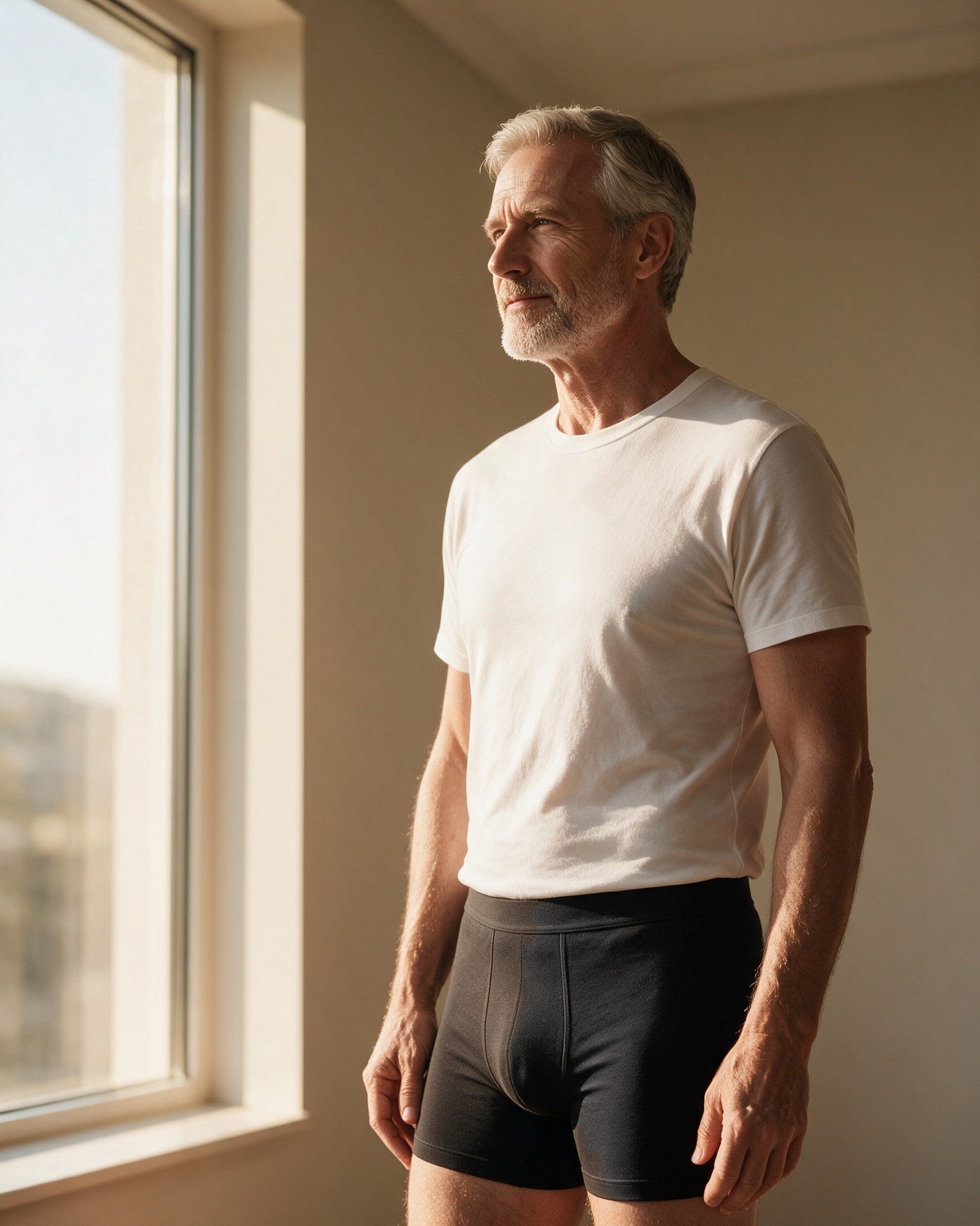 Dalton men's leak-proof boxer brief in Black, standing by the window