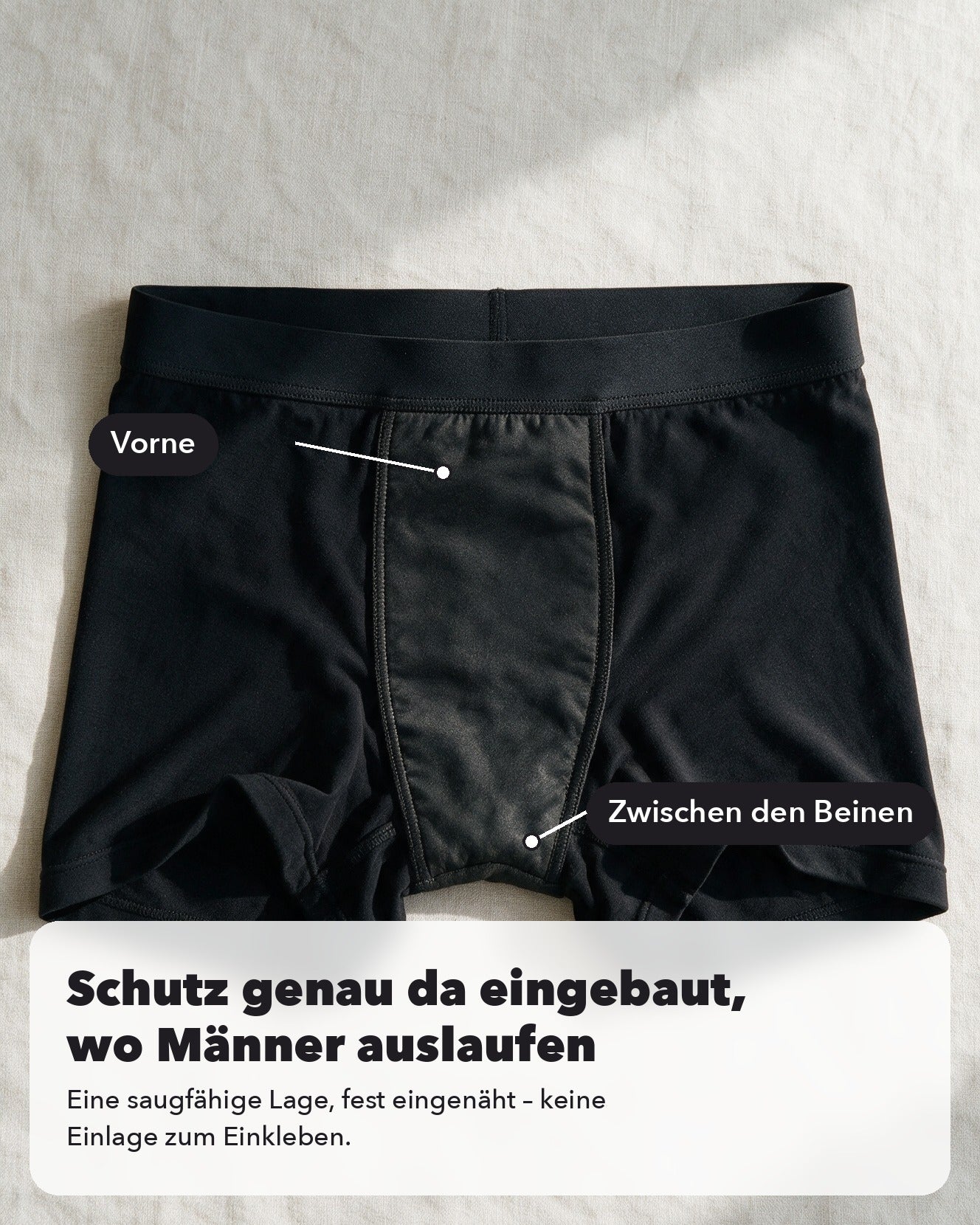 1. Der Schutz ist eingenäht — genau dort, wo Männer Tropfen verlieren