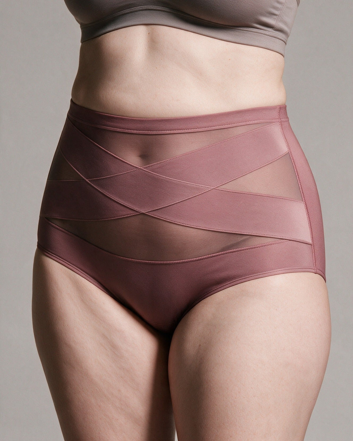 Haven Postpartum Support Brief in Dusty Rose, crossed X bands close-up