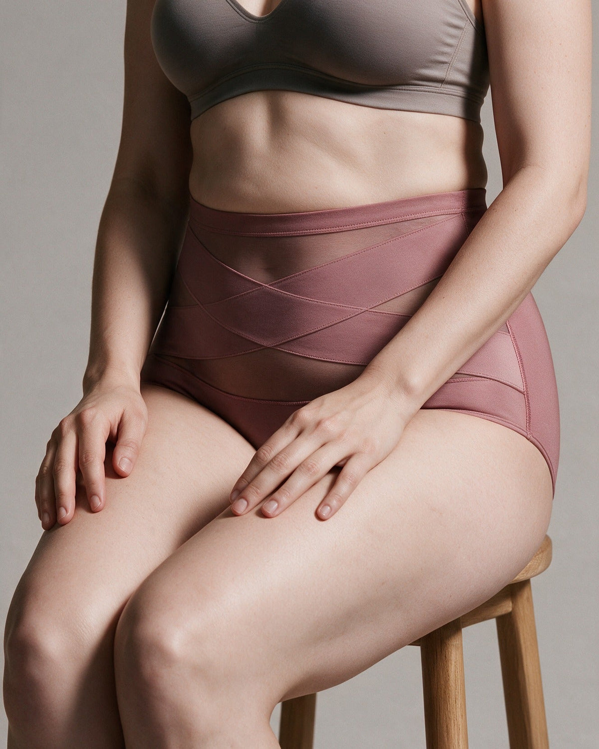 Haven Postpartum Support Brief in Dusty Rose, seated