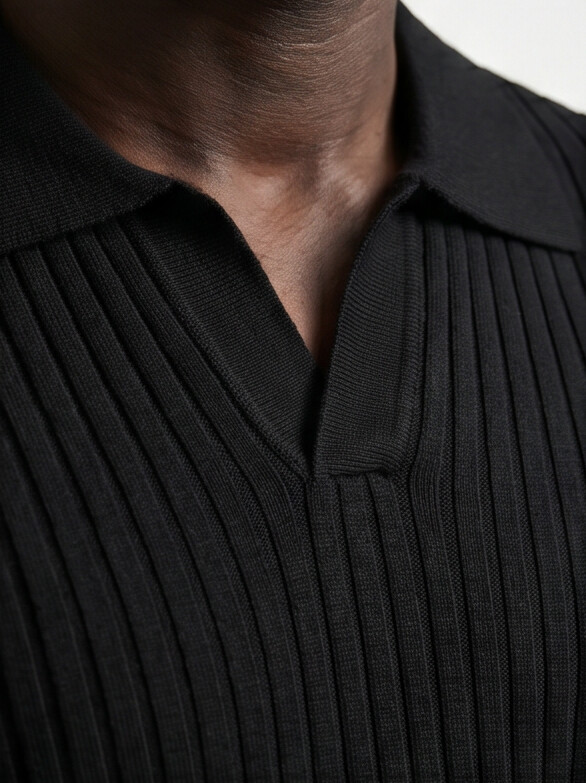 Hendrick | Ribbed Knit Polo with Spread Collar - Black