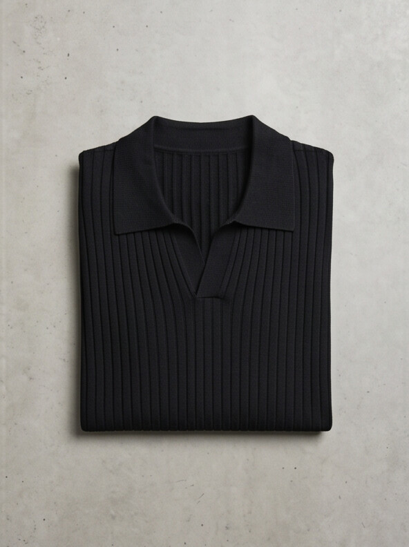 Hendrick | Ribbed Knit Polo with Spread Collar - Black