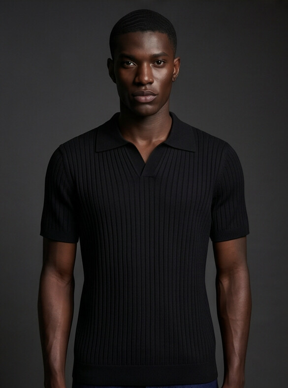 Hendrick | Ribbed Knit Polo with Spread Collar - Black