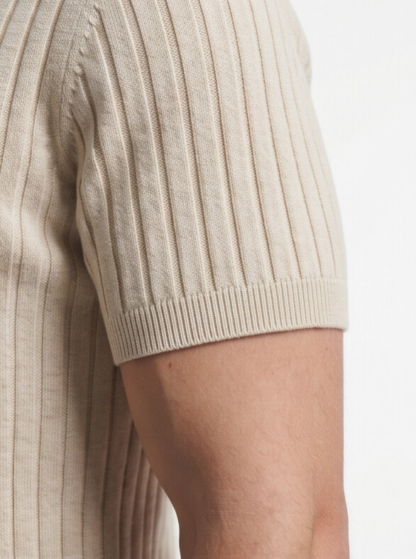 Hendrick | Ribbed Knit Polo with Spread Collar - Beige