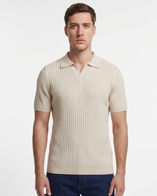 Hendrick | Ribbed Knit Polo with Spread Collar - Beige