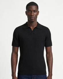 Hendrick | Ribbed Knit Polo with Spread Collar - Black