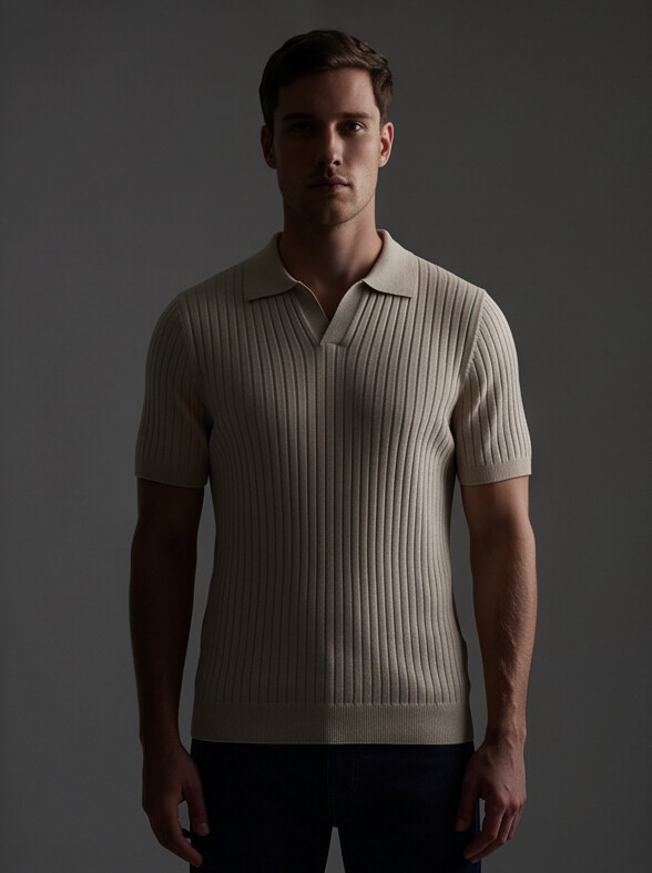 Hendrick | Ribbed Knit Polo with Spread Collar - Beige