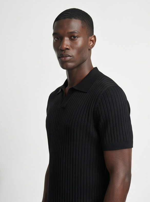 Hendrick | Ribbed Knit Polo with Spread Collar - Black