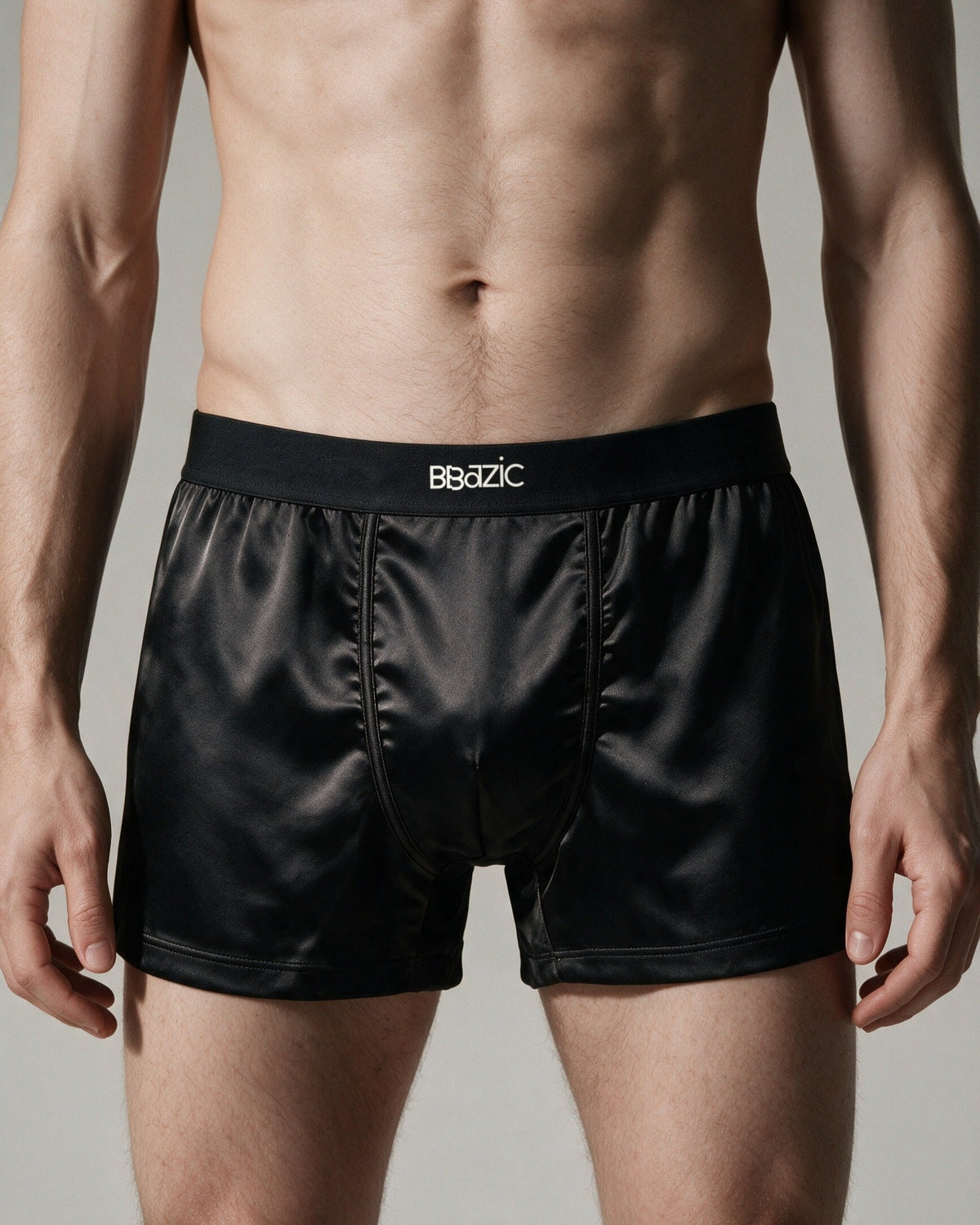Mayfair men's silk-blend boxer in Black, front view, BBazic logo at the centre of the waistband