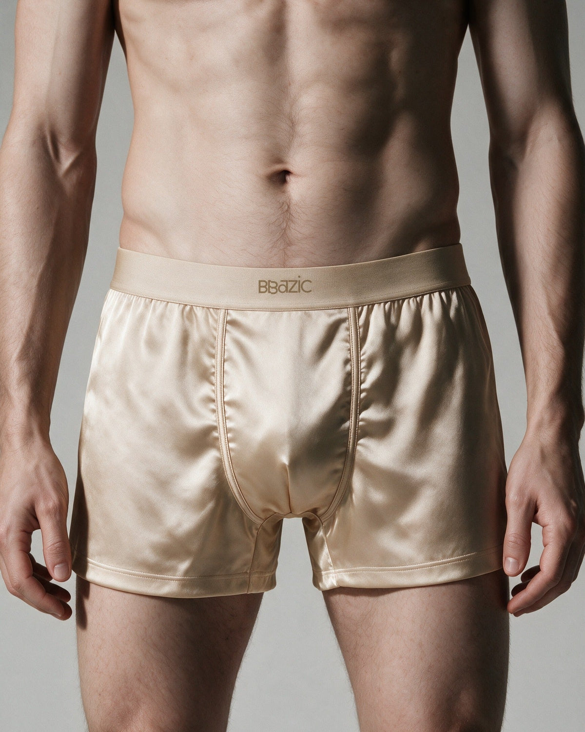 Mayfair men's silk-blend boxer in Champagne, front view, BBazic logo at the centre of the waistband