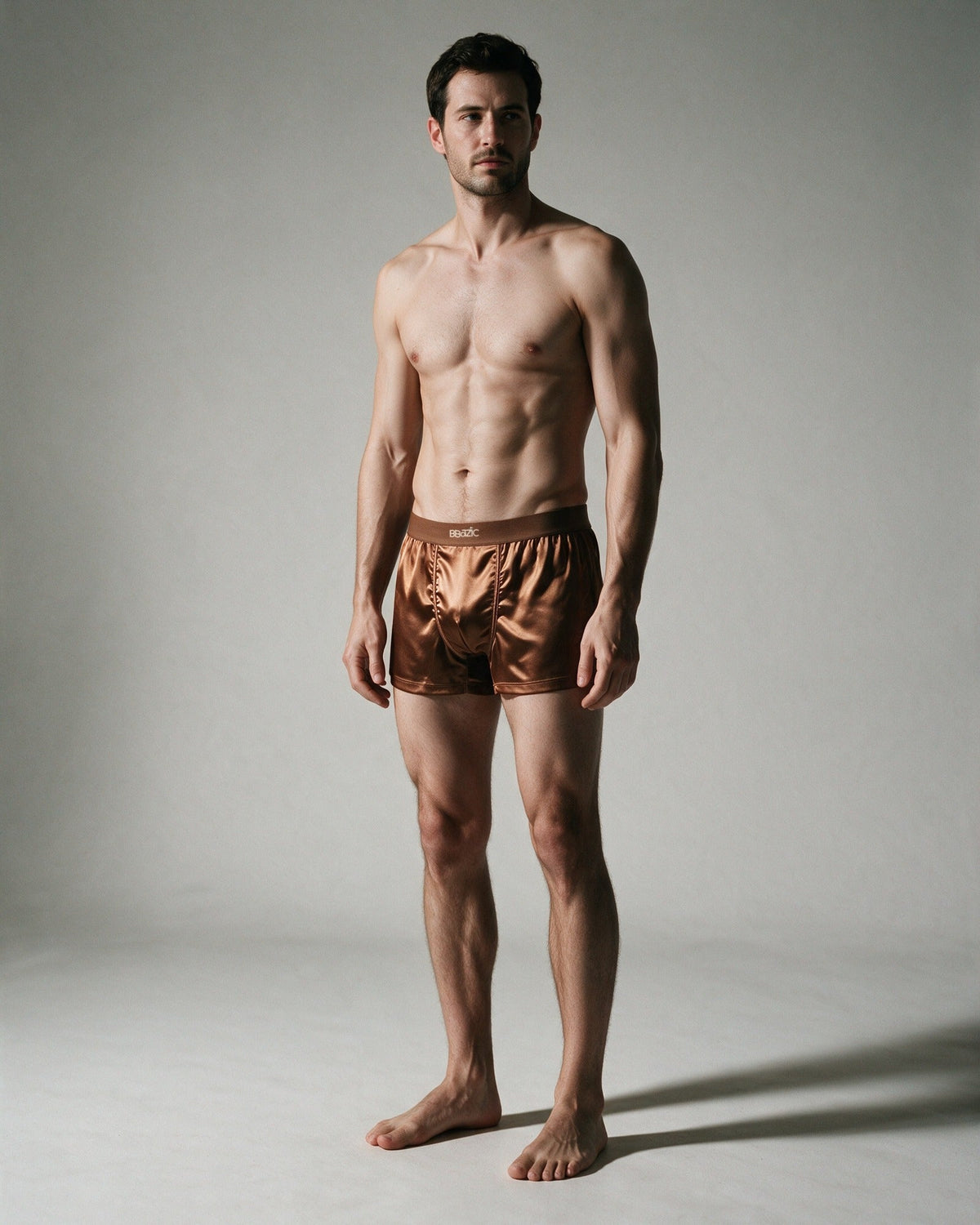 Mayfair men's silk-blend boxer in Bronze, full-body view, BBazic logo on the waistband