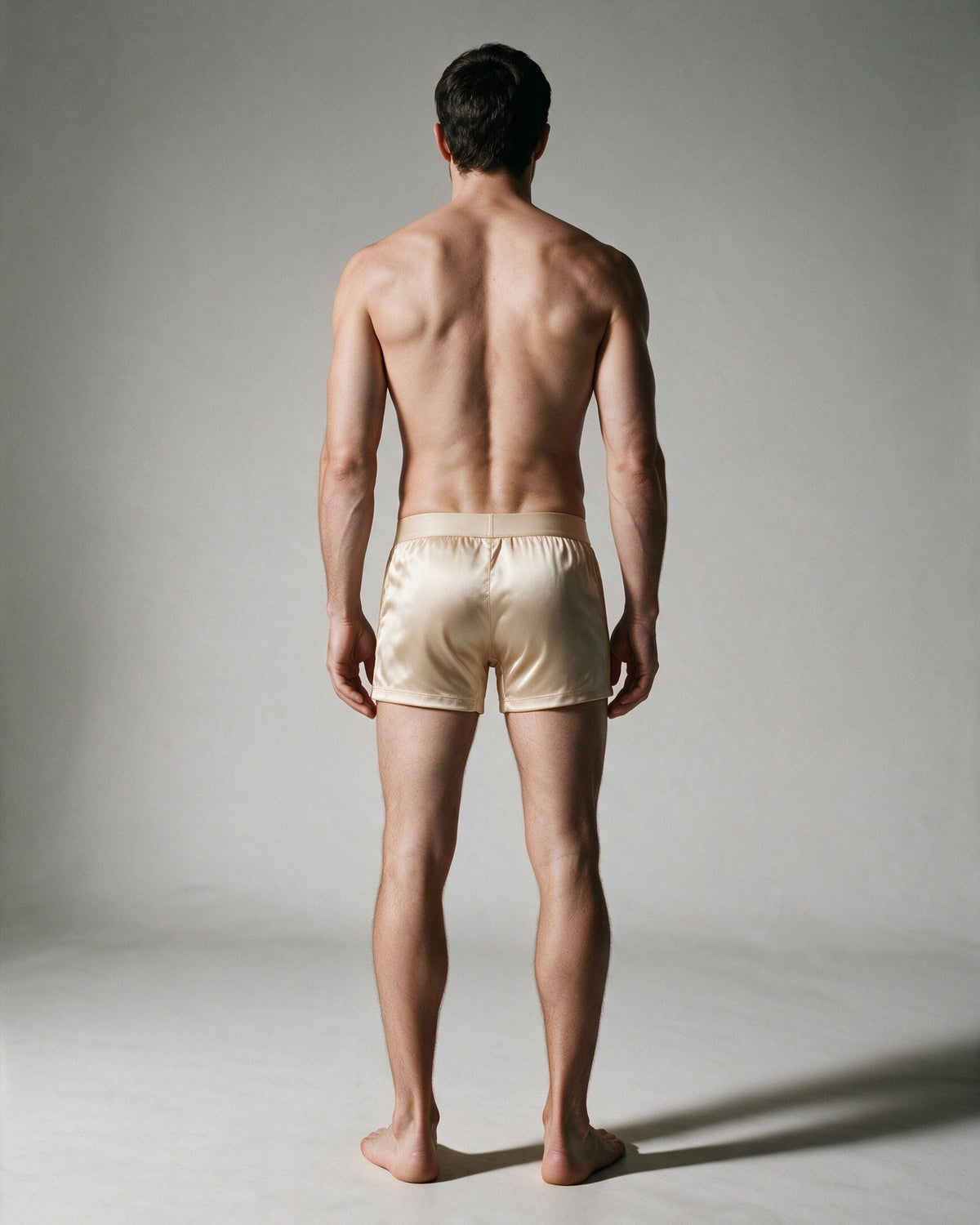 Mayfair men's silk-blend boxer in Champagne, full-body back view