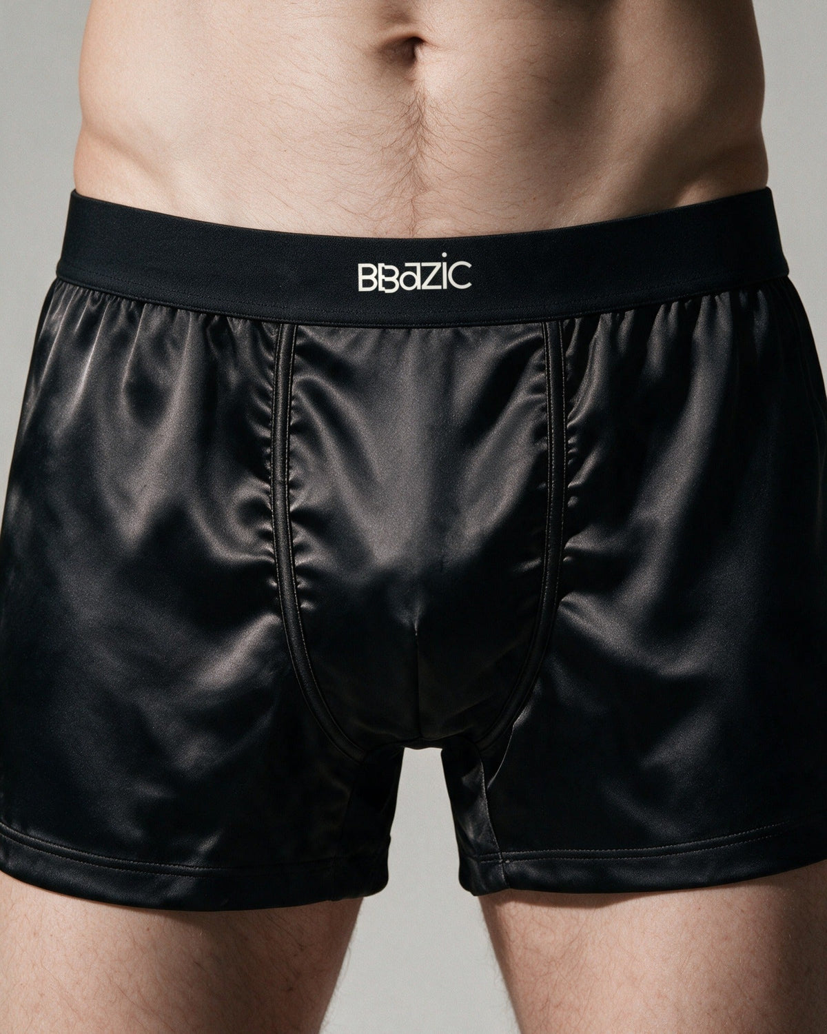 Mayfair men's silk-blend boxer in Black, close-up of the waistband with the BBazic logo