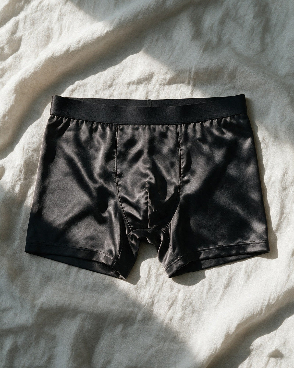 Mayfair men's silk-blend boxer in Black, laid open, showing the two curved front seams