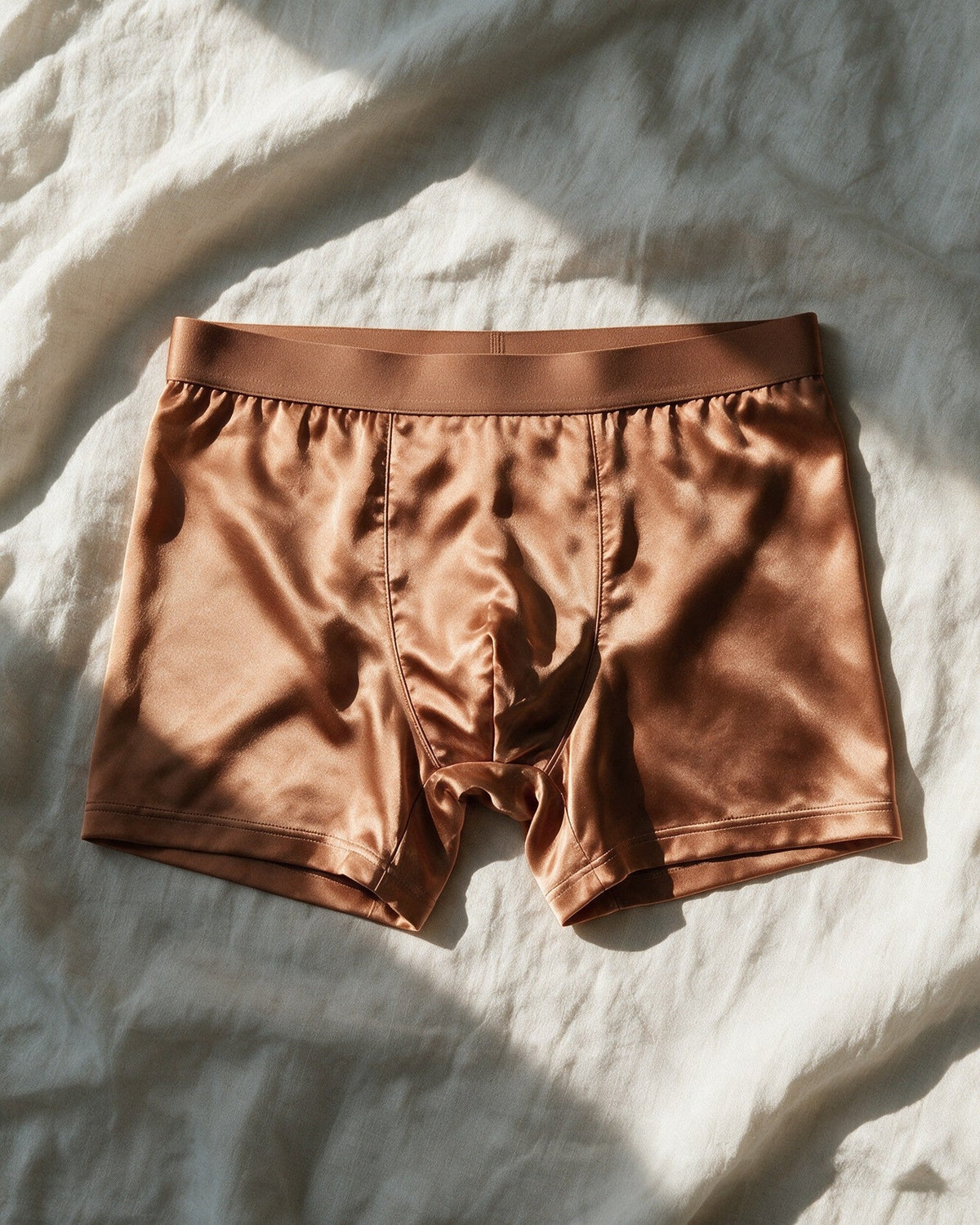 Mayfair men's silk-blend boxer in Bronze, laid open, showing the two curved front seams