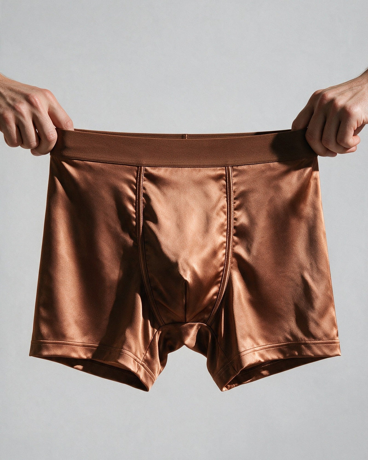Mayfair men's silk-blend boxer in Bronze, the wide, plain waistband stretched by hand