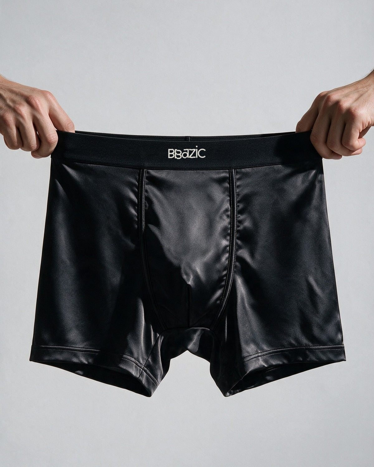 Mayfair men's silk-blend boxer in Black, the wide waistband with the BBazic logo stretched by hand