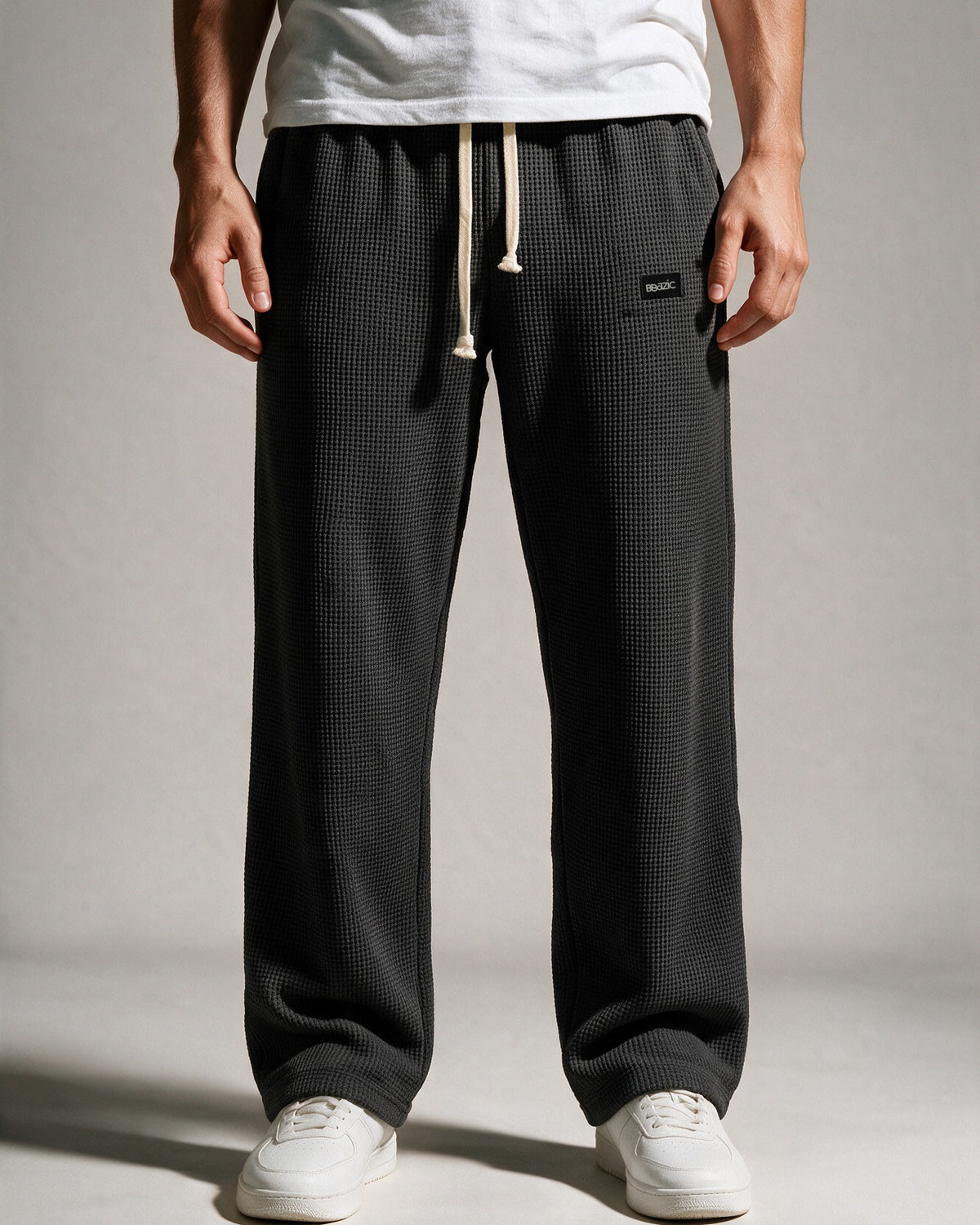 Softloom waffle pants in Black, front view