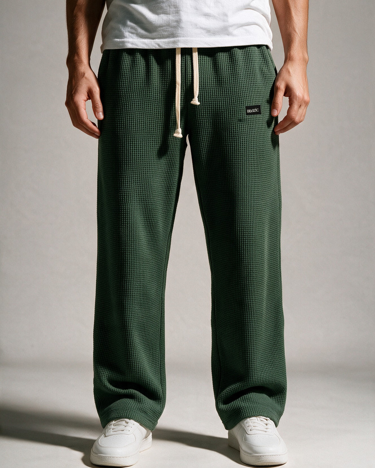 Softloom waffle pants in Dark Green, front view