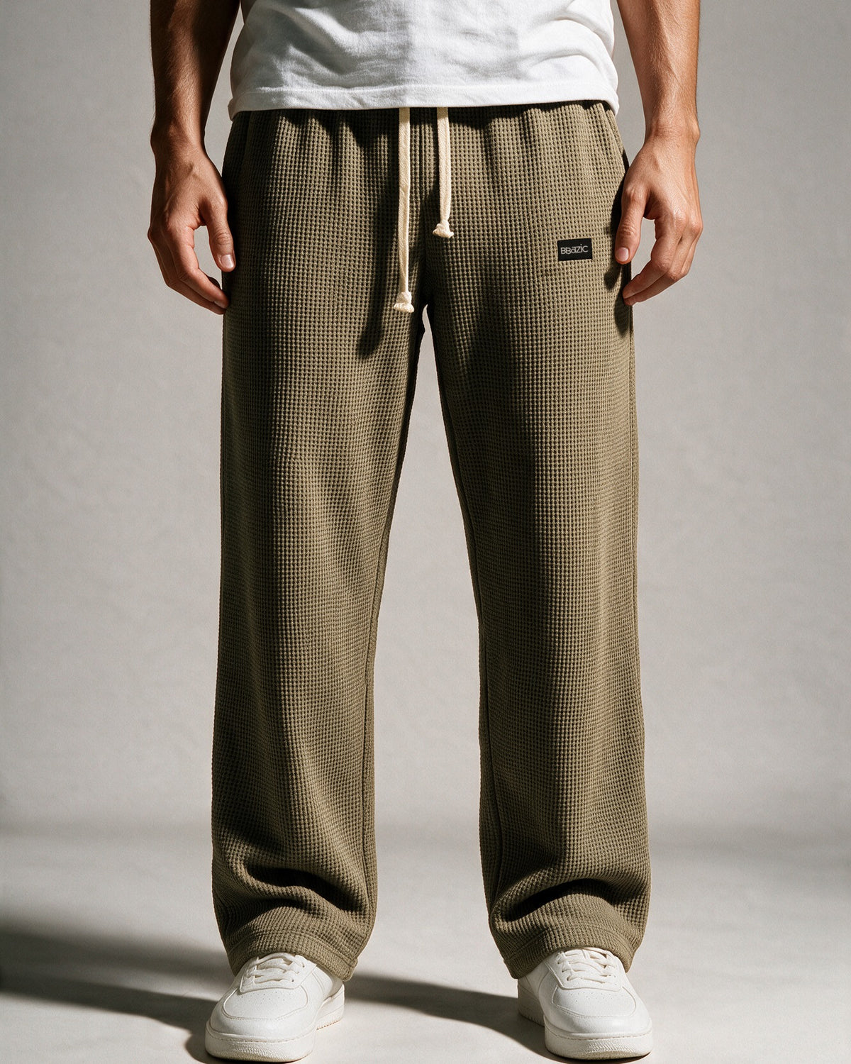 Softloom waffle pants in Khaki, front view