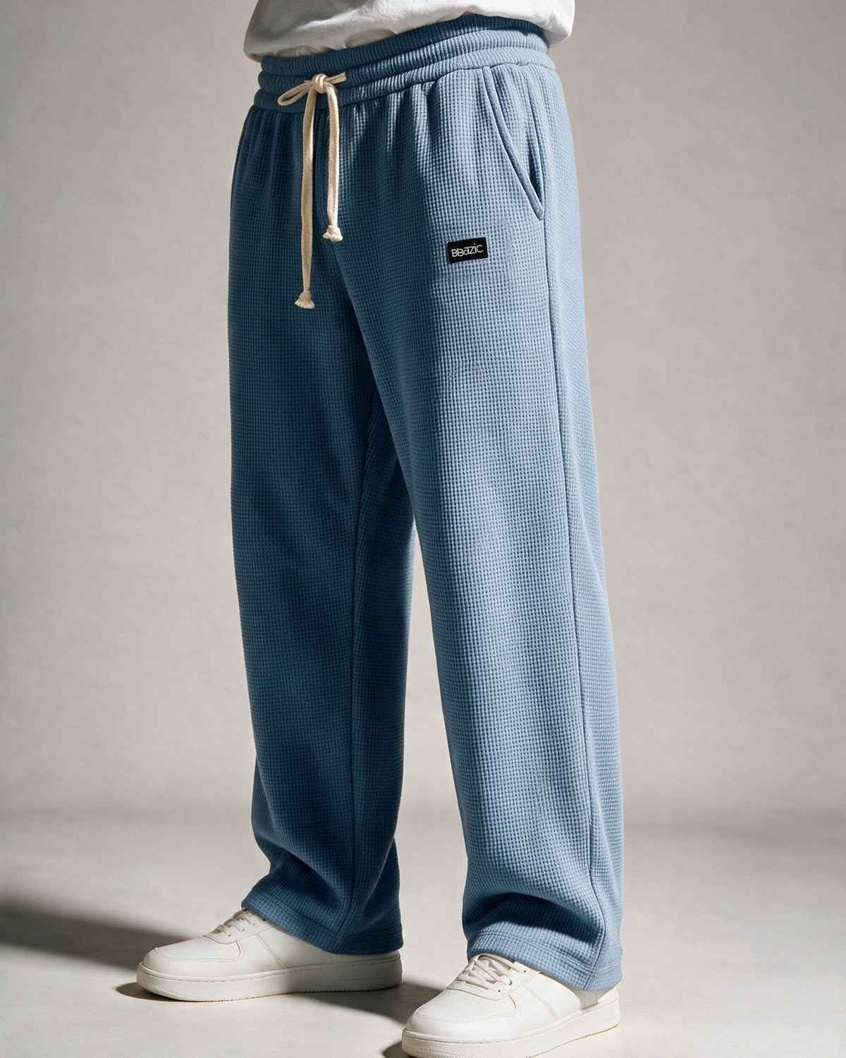 Softloom waffle pants in Light Blue, three-quarter view